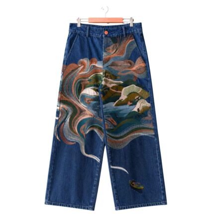 Vortex Landscape Embroidered Wide Leg Jeans Indigo